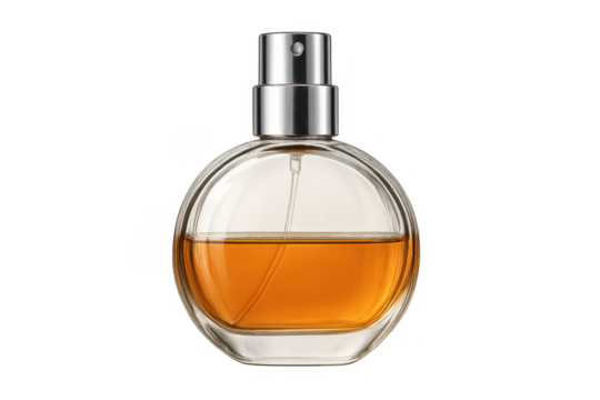 Perfume bottle featuring a silver sprayer and warm golden liquid inside, symbolizing beauty, elegance, and personal luxury