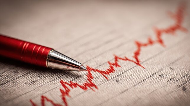 Close-up of a silver pen resting on a printed fabric with a red line graph, symbolizing financial analysis and market trends
