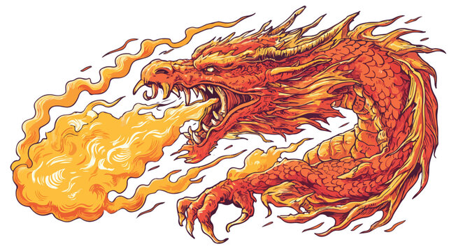 Fiery Dragon Spewing Flames Vector Illustration on White Background