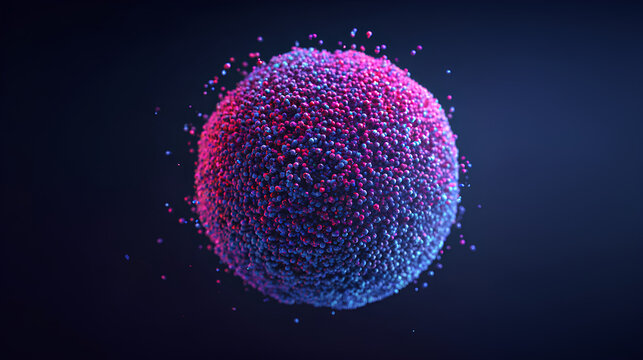 Neon futuristic 3d sphere, virtual reality, abstract technology concept. Vibrant particle liquid sphere. Purple and blue gradient technology sphere. Artificial Intelligence, big data. 