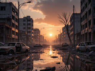 Cinematic post-apocalyptic city street at sunset with abandoned damaged buildings. suitable for sci-fi projects, dystopian themes, book covers, gaming environments, and cinematic storytelling.