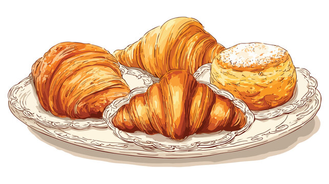 Delicious Freshly Baked Pastries on Plates Set Vector Illustration