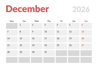 Monthly page Calendar Planner Template design of December 2026. Vector layout of calendar with week start Monday for Scheduling. Page for size A4 or 21x29.7 cm