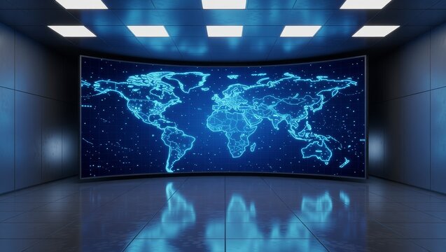 Glowing world map on curved digital display