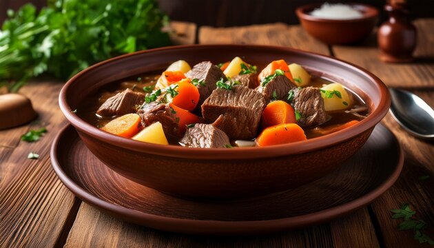 hearty beef stew with chunks of meat carrots potatoes onions and fresh herbs served in a rustic brown ceramic bowl on a wooden surface - Powered by Adobe