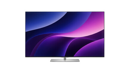 Flat screen tv displaying abstract purple and blue wave pattern art isolated on a transparent background