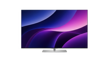 Flat screen tv displaying abstract purple and blue wave pattern art isolated on a transparent background