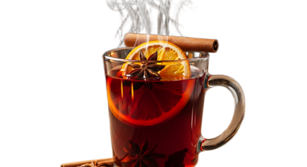 A glass mug filled with mulled wine garnished with orange slices and cinnamon sticks on black background