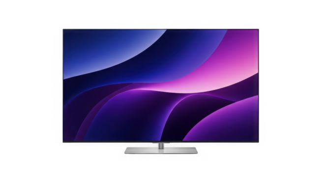 Flat screen tv displaying abstract purple and blue wave pattern art isolated on a transparent background