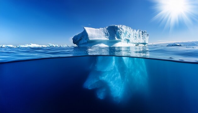 massive iceberg floating in calm ocean waters with clear sky showing large underwater portion reflecting sunlight evoking awe and serenity