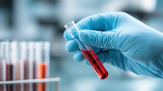Hand in blue glove holding test tube filled with red liquid in laboratory setting with various test tubes in the background, showcasing scientific research and experimentation