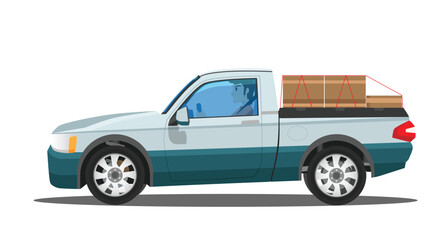 Cartoon accident of pickup car carrying boxes. Inside with driving man. With shadow on isolated white background.