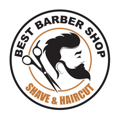 Barber shop lettering badge, label. Barbershop emblem. Hair cutting service. Beard shave service. Vector