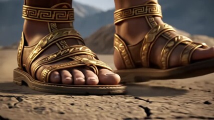 Close-up of ornate golden sandals on cracked ground, evoking ancient themes.