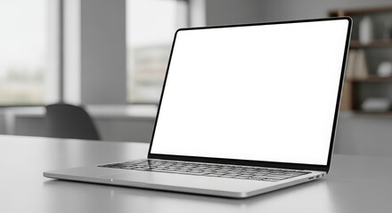 Fototapeta premium Modern laptop with a blank white screen on a desk in a bright office space perfect for showcasing websites applications or presentations in a professional setting