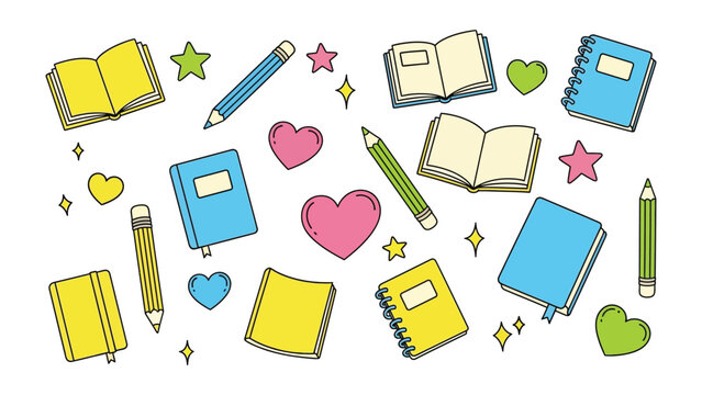 Creative Arrangement of Study Tools: A charming illustration featuring open books, notebooks, pencils, and heart shapes, creating a delightful arrangement for learning, creativity, and knowledge.