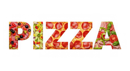 The word pizza spelled out with different pizza toppings on a transparent background