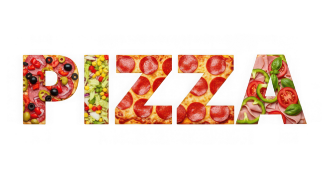 The word pizza spelled out with different pizza toppings on a transparent background