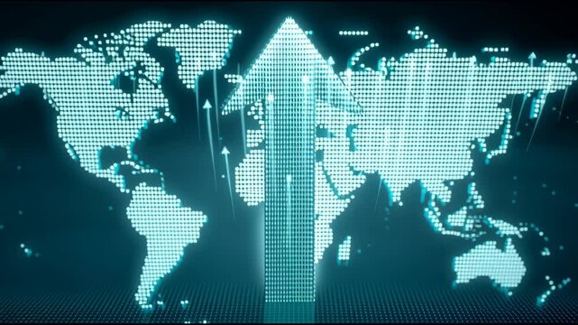 A blue arrow pointing upwards on a map of the world. The arrow is surrounded by a grid of dots, giving it a futuristic appearance. Concept of progress and growth