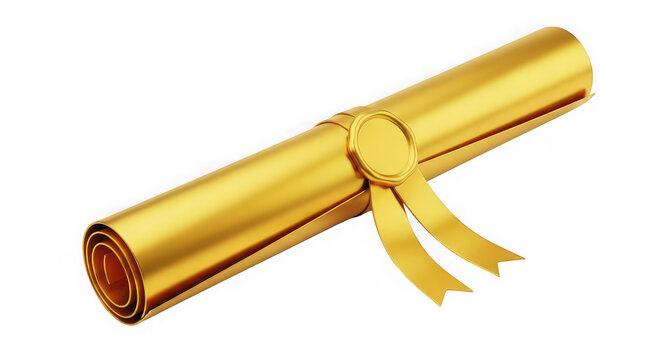 A golden diploma scroll tied with ribbon on a transparent background