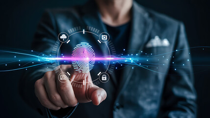 Businessman's hand touching a virtual screen with a social network icon, representing global business and digital connection