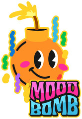 Mood bomb and explosion retro Y2K sticker or label. Dynamite funky label, bomb vintage groovy vector patch. TNT grenade isolated tag, bomb cute character with confetti and funky typography Y2K sticker
