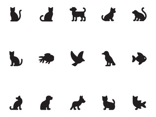 Pet & Wildlife Silhouette Icons – Minimal Cat Dog Bird Fish Vector Set – Vol.4