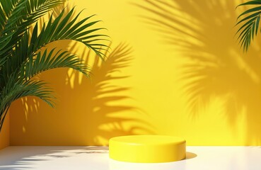Obraz premium Empty bright yellow display podium on white floor with strong sun shadows from green palm leaves. Vibrant yellow wall creates modern tropical stage for product presentation. Minimalist studio
