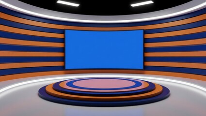 Modern studio set with curved orange blue striped walls and blue screen
