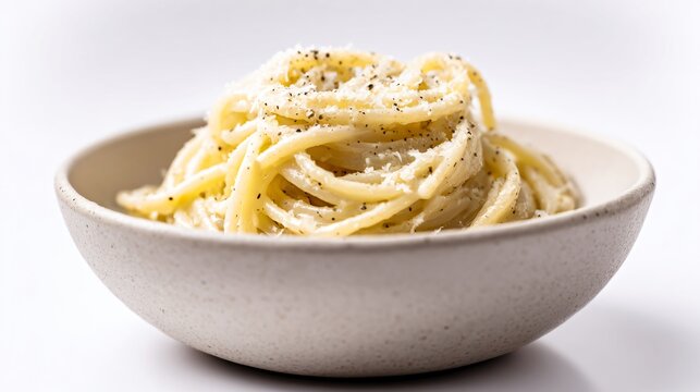 A cacio e pepe served in matte ceramic bowl, minimalist composition, off-white background