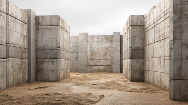 Abstract concrete structure with large blocks and sandy floor under cloudy sky creating a minimalistic and industrial atmosphere