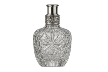 Vintage cut crystal decanter with silver ornate top, classic glassware for spirits and drinks, transparent background