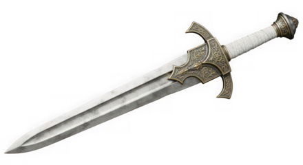 A detailed view of a medieval sword with a white handle on a transparent background
