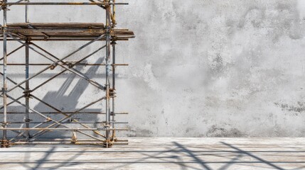 Industrial scaffolding against a textured concrete wall in a spacious, bright construction area, showcasing shadows and raw materials in a minimalistic setting.