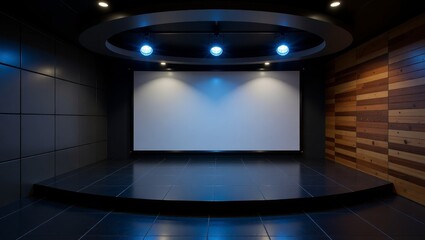 Modern theater stage with blank screen and circular lighting