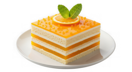 Square orange cake with mint leaves on a white plate a transparent background