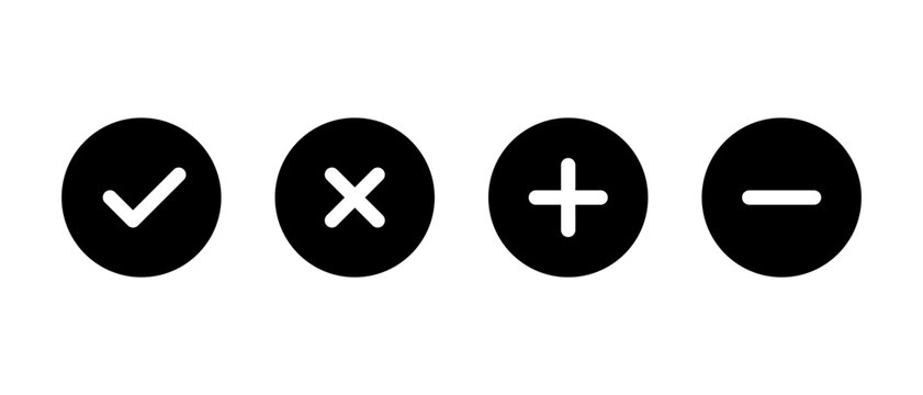 Check mark, cross, add, and remove icon in black circle. Checkmark, X, plus, and minus sign