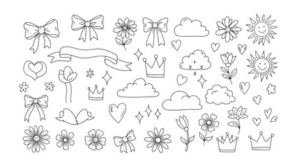 Obraz premium Elegant Embellishments: Collection of charming design elements featuring bows, flowers, hearts, crowns, stars, clouds, and ribbons, creating a playful and whimsical atmosphere.