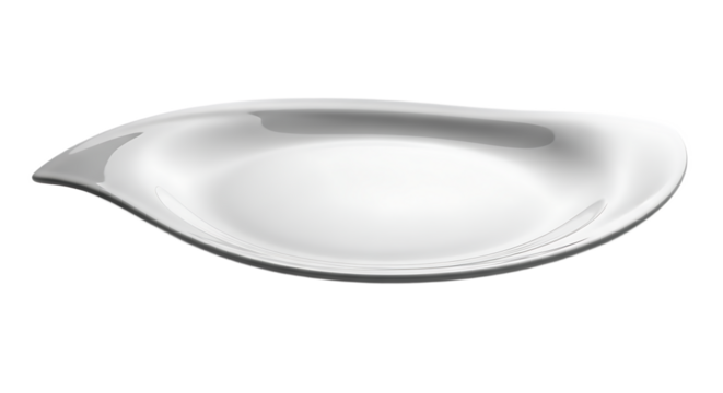 A white ceramic serving plate with an asymmetrical design on a black background in a studio shot
