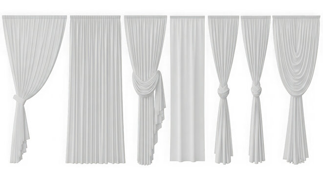 A display of various styles of white fabric curtains on transparent background