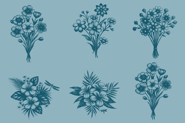 Botanical style spring flowers vector illustration for modern design. Vintage plants illustration. Botanical elements in engraved style. Wild flowers outlines set.