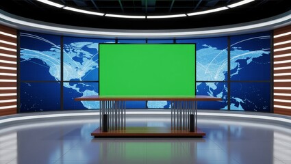 News studio with green screen and world map display
