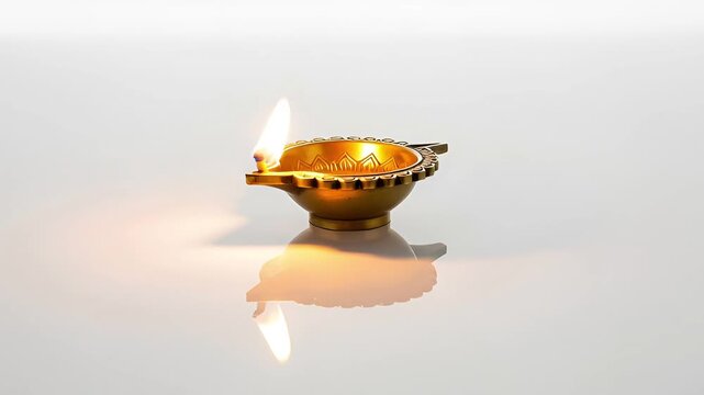 Golden Diya Lamp With Flame On White Surface For Dev Diwali