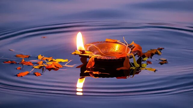 Floating Diya Lamp On Calm Water With Autumn Leaves For Dev Diwali