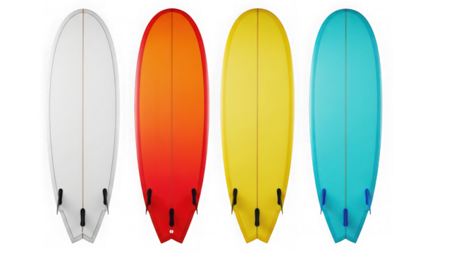 Four surfboards of different colors lined up against a transparent backdrop