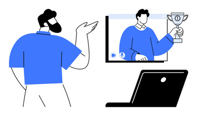 Person engaging in an online video meeting with a team member holding a trophy. Ideal for remote work, online collaboration, virtual celebrations, team achievements, motivation, video communication
