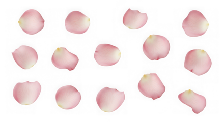 Scattered pink rose petals on a trasnparent background in a flat lay view