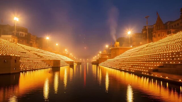 Ganga Aarti Night Ceremony With Candles Along Riverside Steps And Temple Illumination In Old City