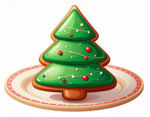 A cartoon decorated cookie shaped like a Christmas tree featuring green icing. Ai