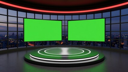 Modern studio with green screens and cityscape at dusk